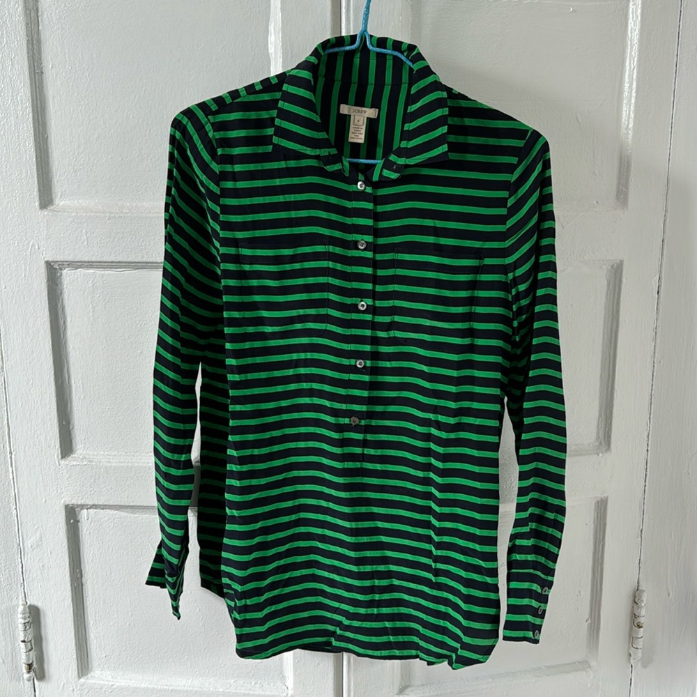 JCREW black and green silk stripe blouse